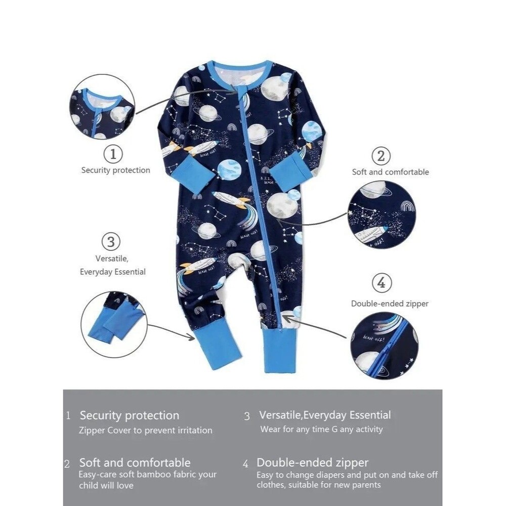 Lucky Elk Bamboo Space Ship Moon Two Way Zip Romper Sleeper One Piece Boys 3-6m